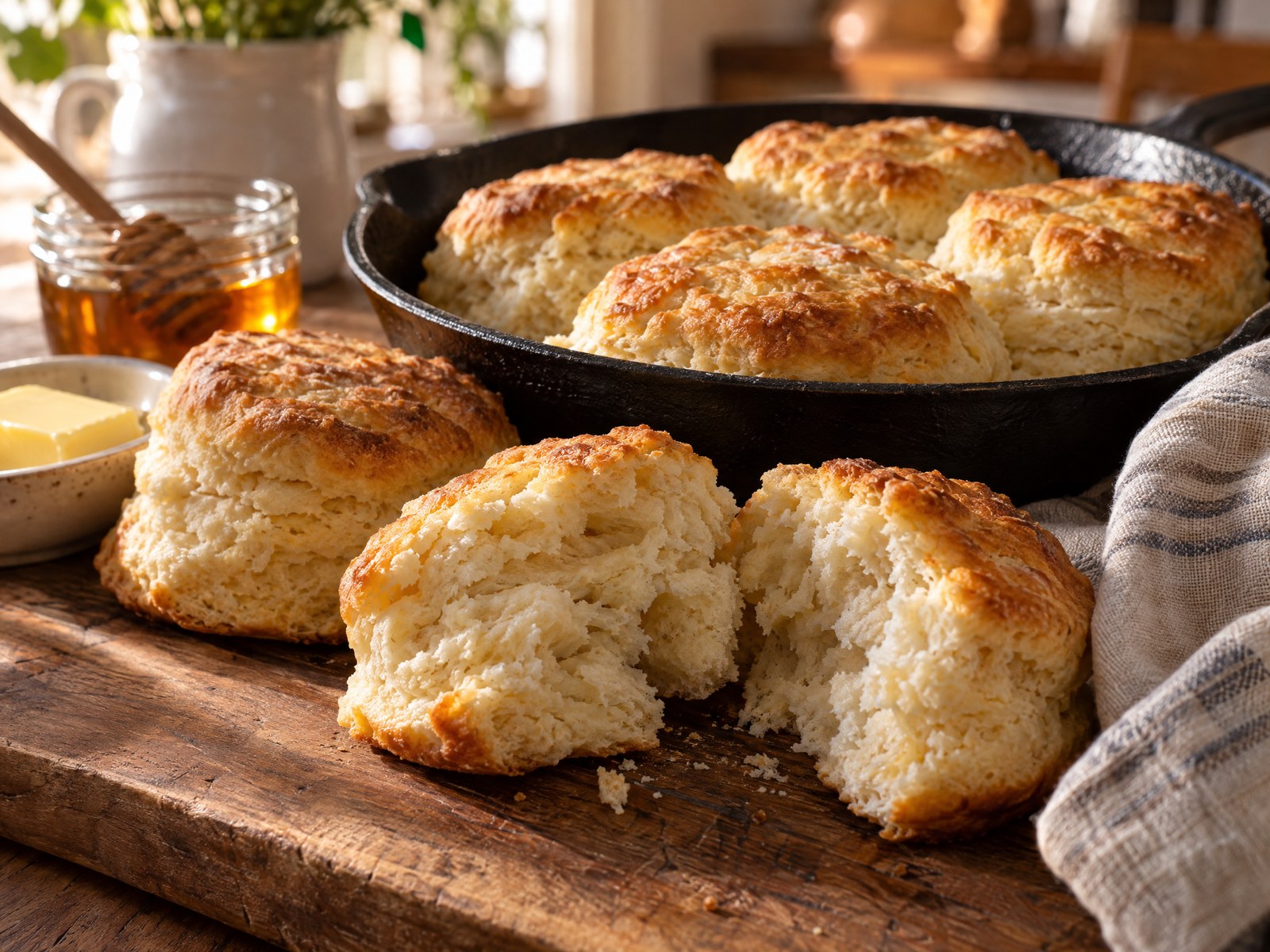 Fluffy homemade buttermilk biscuits pulled apart