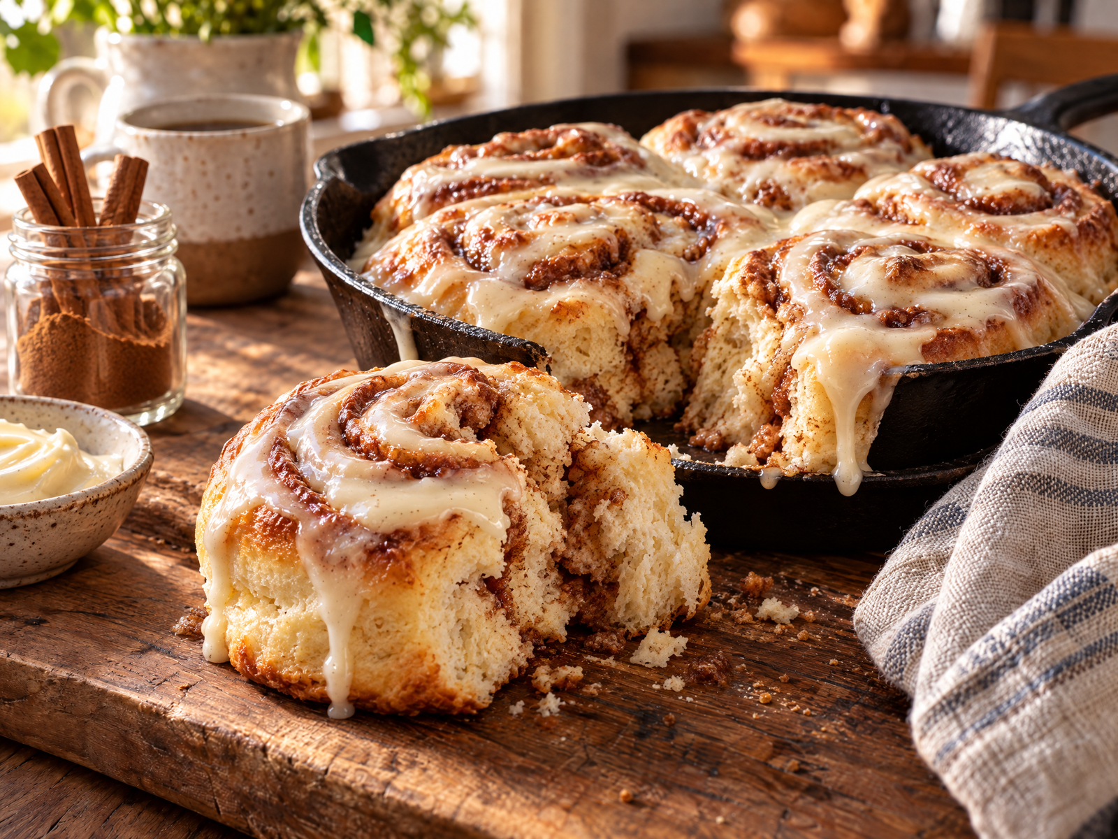 Warm skillet cinnamon rolls with vanilla glaze