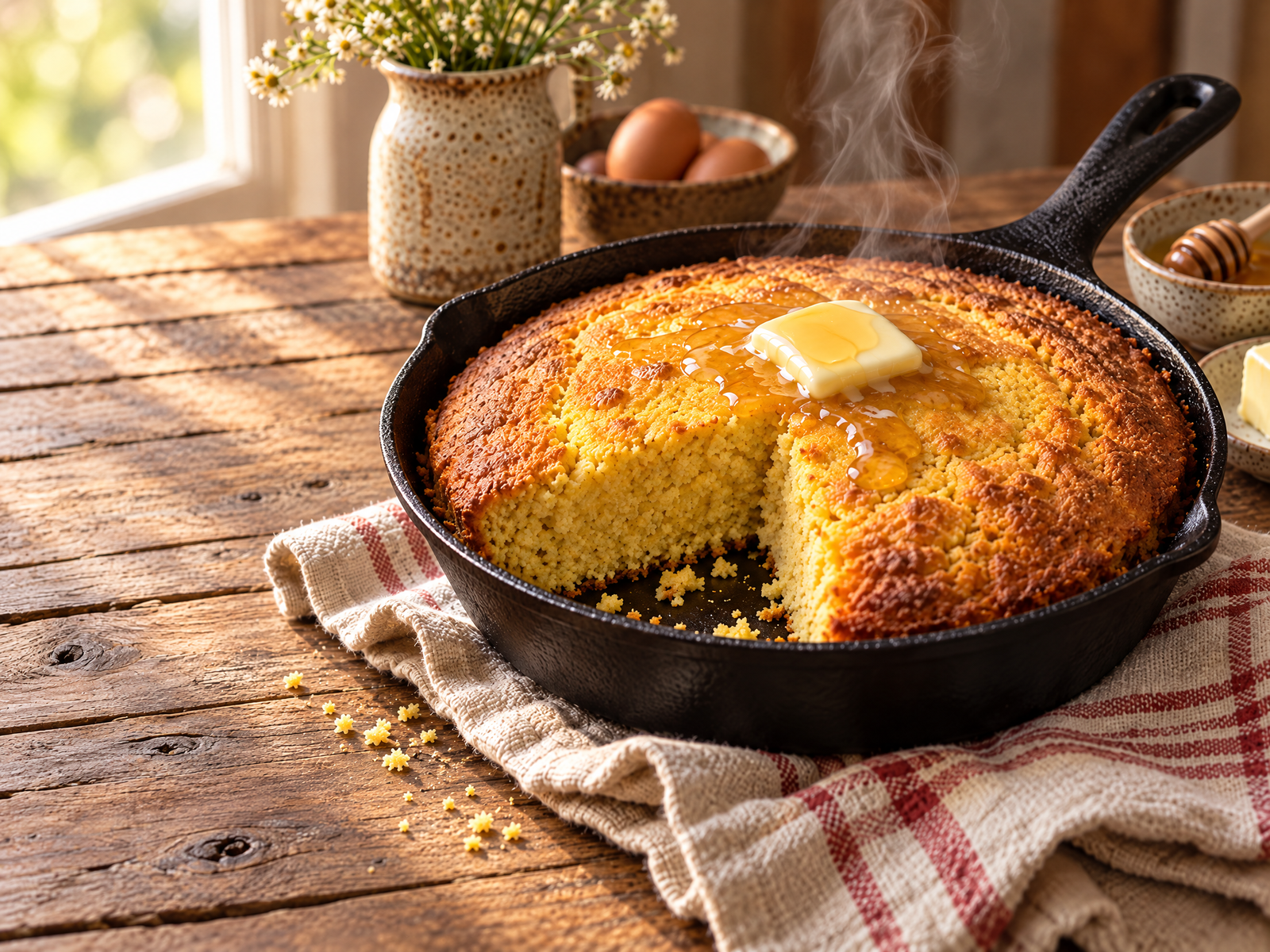 Golden Skillet Cornbread fresh from cast iron
