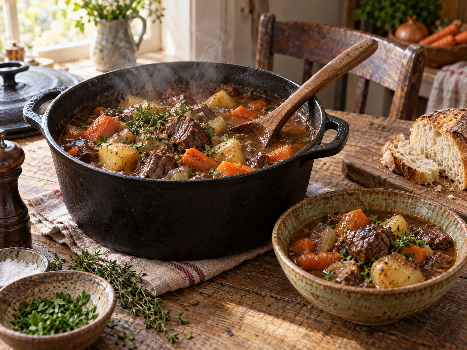 Slow-simmered rich beef stew in cast-iron Dutch oven