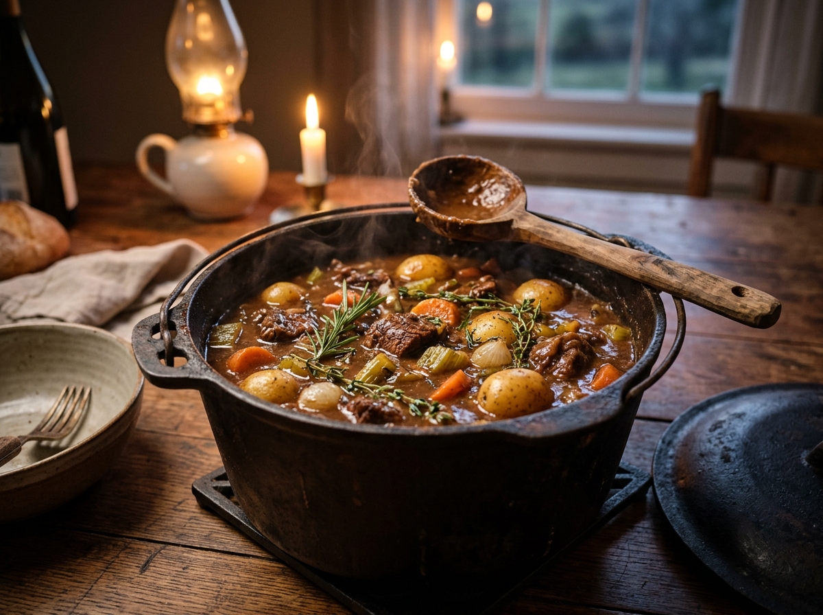 Slow-simmered rich beef stew in Dutch oven
