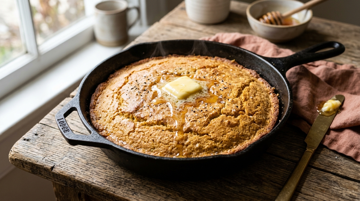 Golden skillet cornbread with melting honey butter