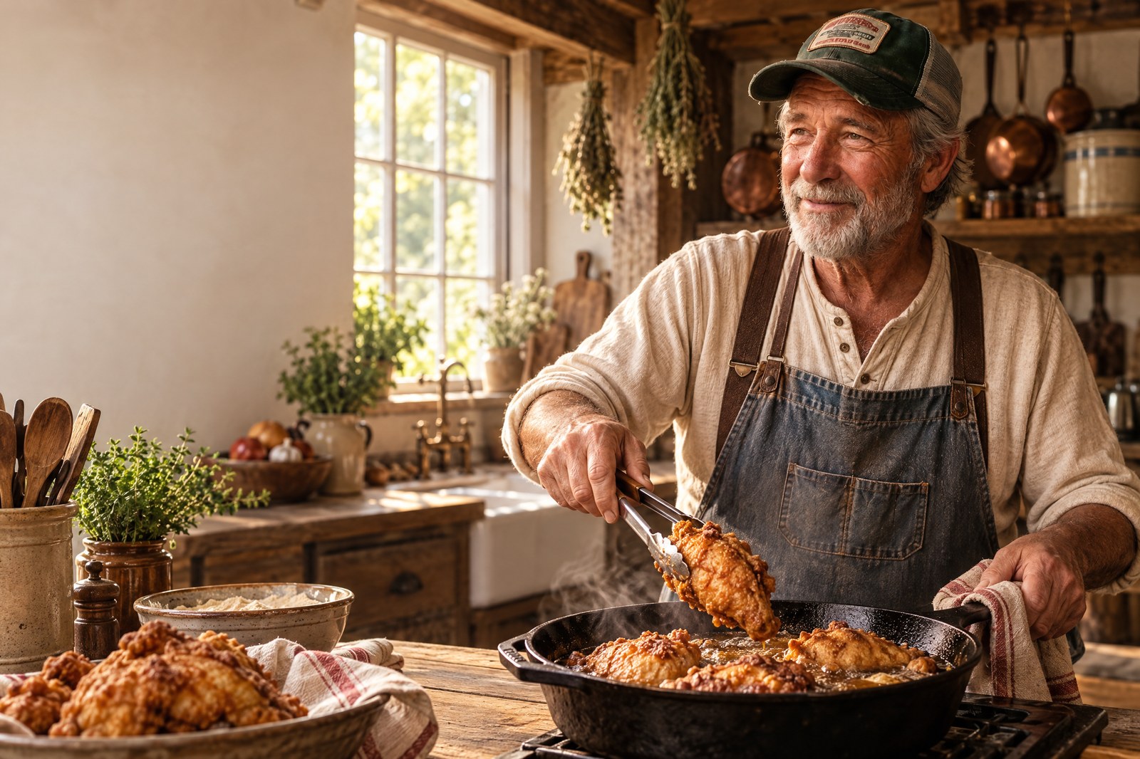 Grandpa Walter cooking with a seasoned cast-iron skillet
