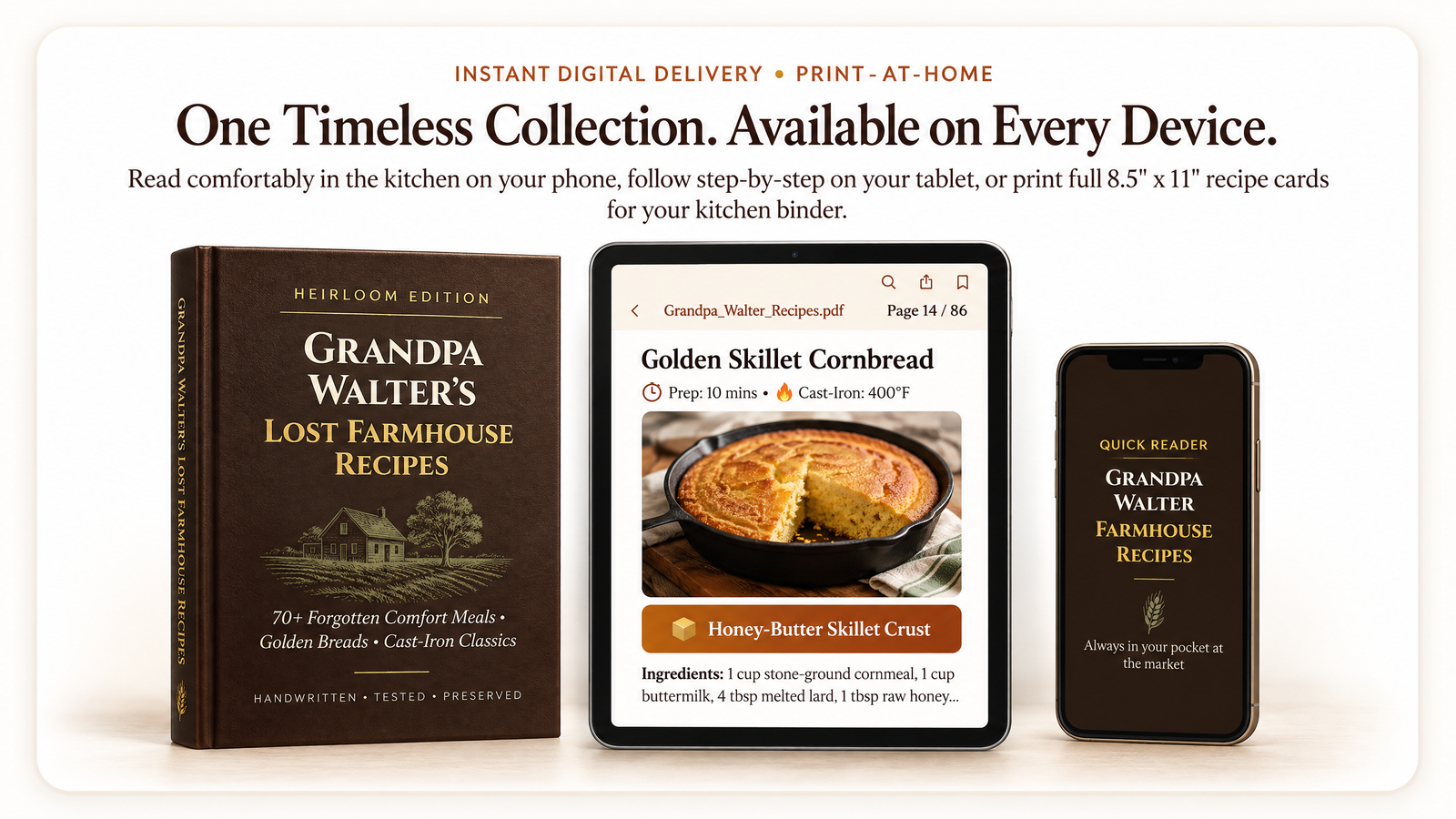 Grandpa Walter's Farmhouse Recipes displayed on Book, Tablet and Smartphone