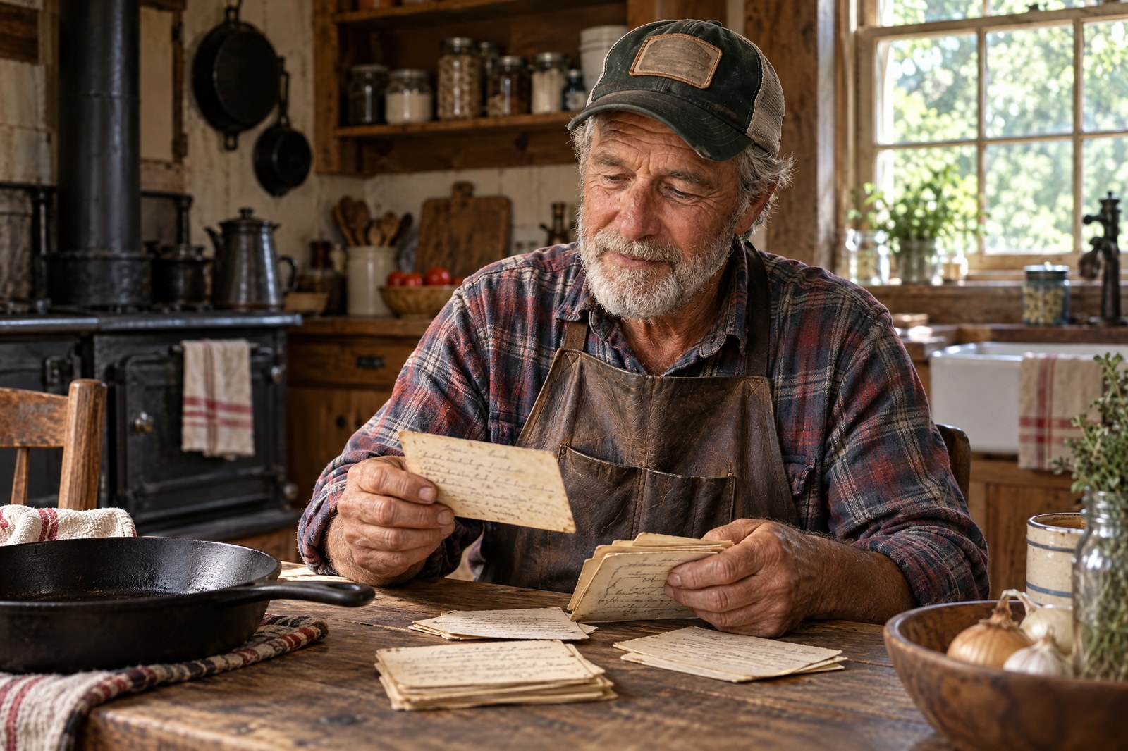 Grandpa Walter cooking from scratch in his rustic farmhouse kitchen